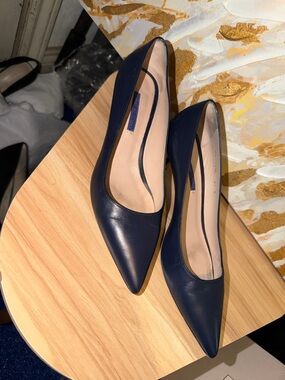 Stuart Weitzman Navy Pointed-Toe Leather Pumps